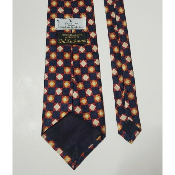 Valentino 100% Silk Mens Tie Necktie Blue Gold Red Geometric Squares Diamonds - Picture 4 of 6